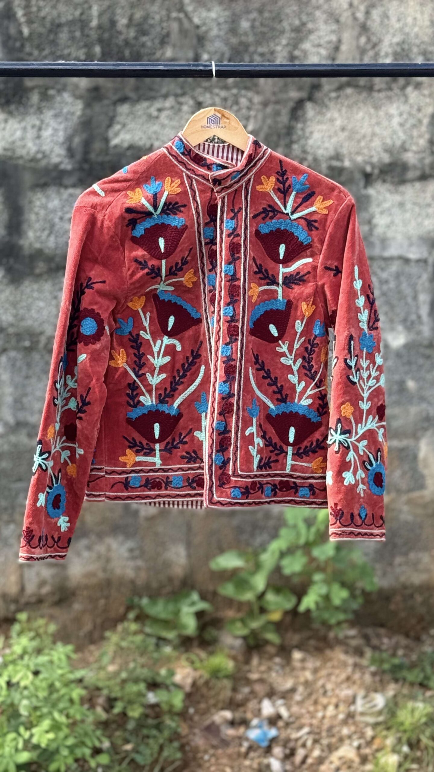 Womens Terracotta Velvet Embroidered Jacket with Floral Design - Image 3